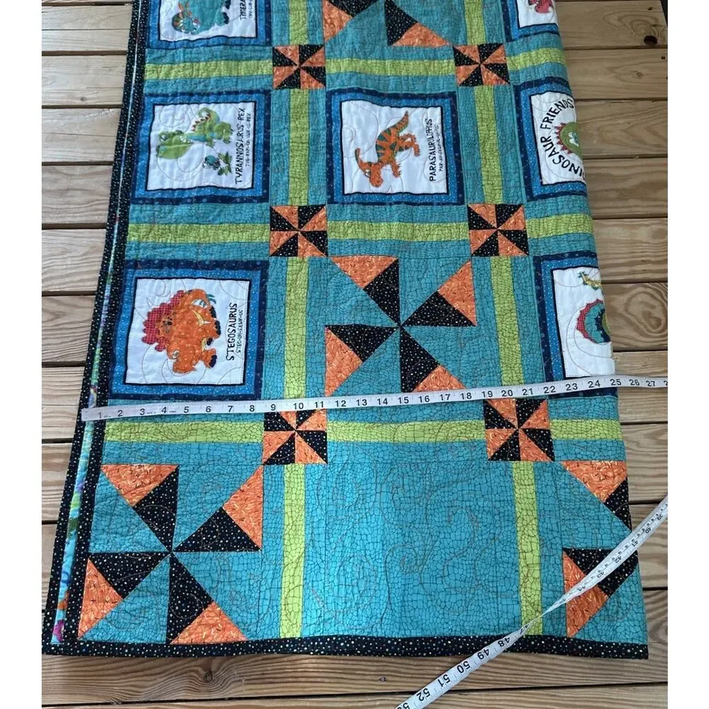 Handmade Patchwork Dinosaur quilt size 51x50 Green orange L2